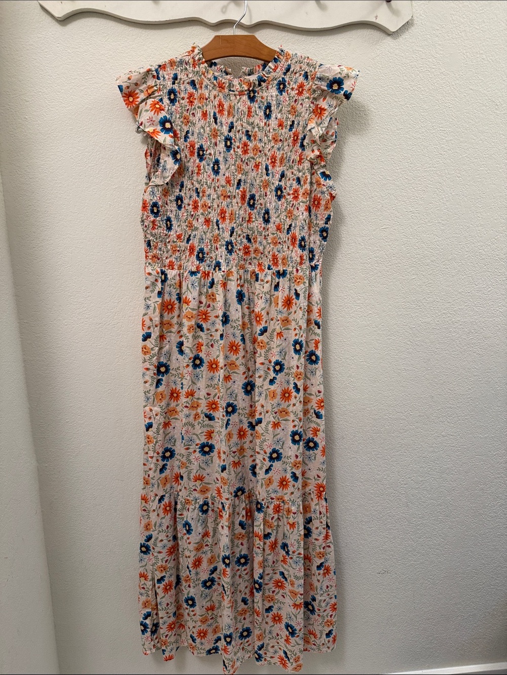 LOFT Floral Maxi Dress in Ivory with Orange and Blue Flowers
